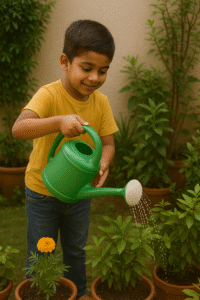 बच्चा बागवानी कर रहा है