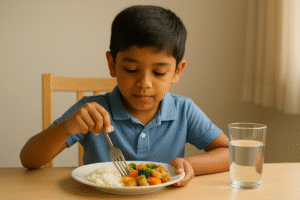 अच्छे शिष्टाचार से खाना खाता बच्चा