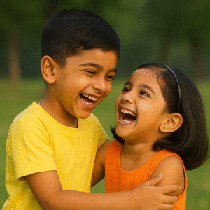 भाई-बहन मिलकर दोस्ती निभाते हुए।