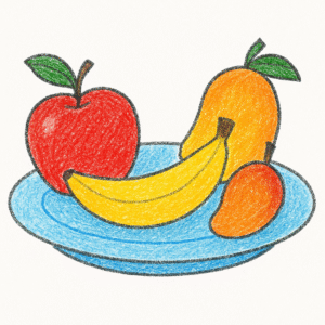 बच्चों के लिए फलों की ड्रॉइंग - सेब, केला और आम