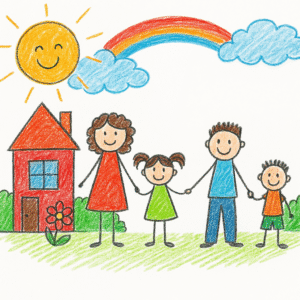 बच्चों के लिए खुशहाल परिवार की ड्रॉइंग - माँ, पिता और बच्चे एक साथ