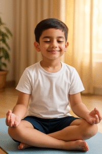 बच्चा योगा मैट पर ध्यान करता हुआ