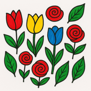 बच्चों के लिए फूल और पत्तियों की ड्रॉइंग - गुलाब और ट्यूलिप