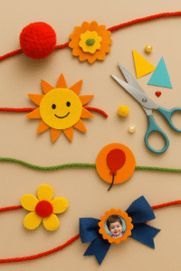 रंगीन मोतियों और धागों से बनी बच्चों की राखियों की सुंदर तस्वीर