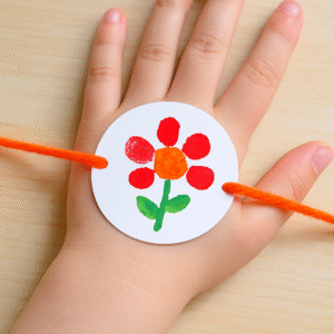 बच्चे के हाथ में रंग-बिरंगी फिंगर पेंट राखी दिखाई गई है।