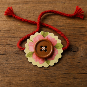 पुराने ग्रीटिंग कार्ड और बटन से बनी रीसायकल राखी का नज़दीकी दृश्य